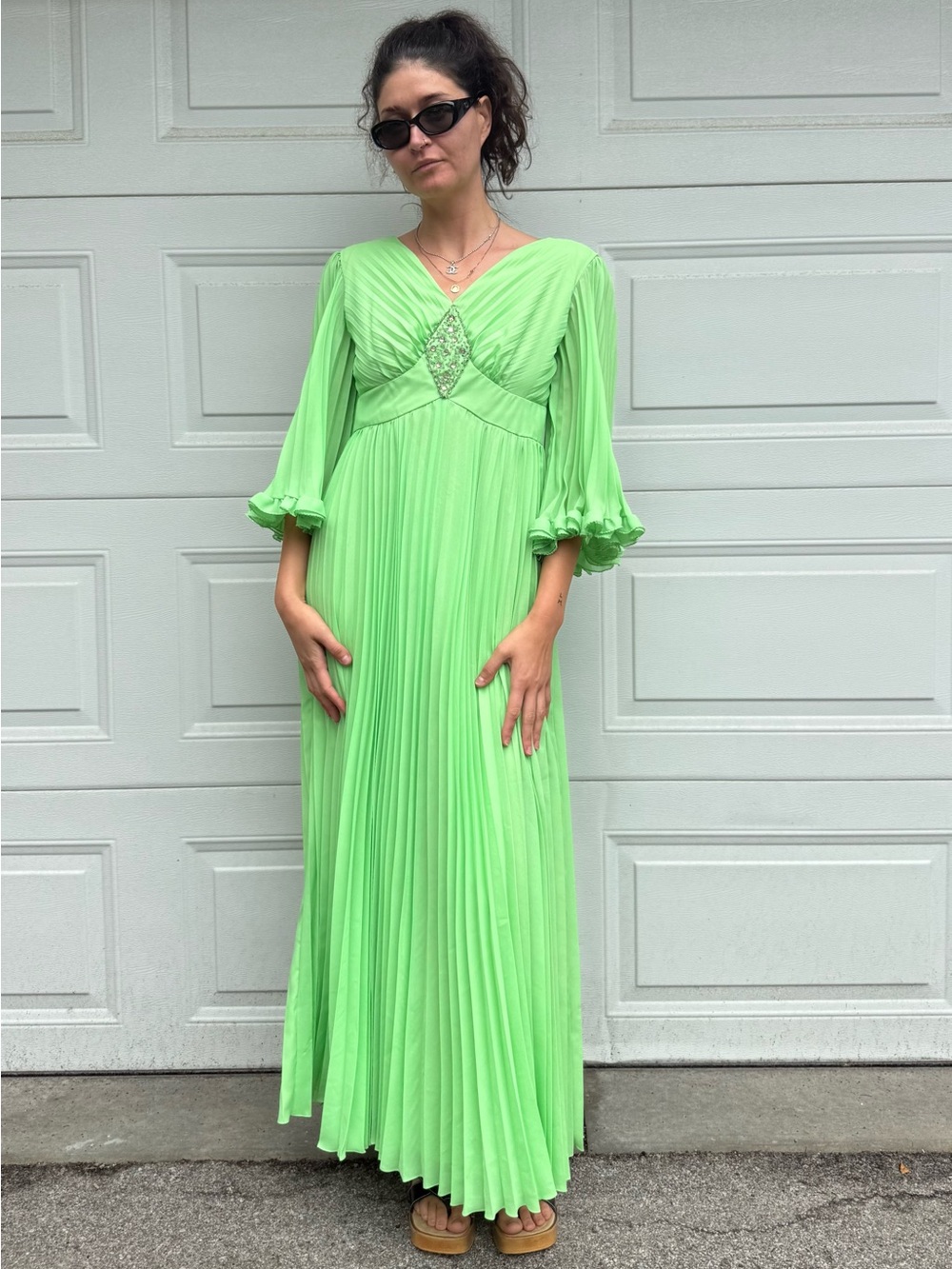 Vintage Crystal Pleated V‑Neck Maxi Dress Bright Green Bell Sleeves Rhinestones - Picture 2 of 10